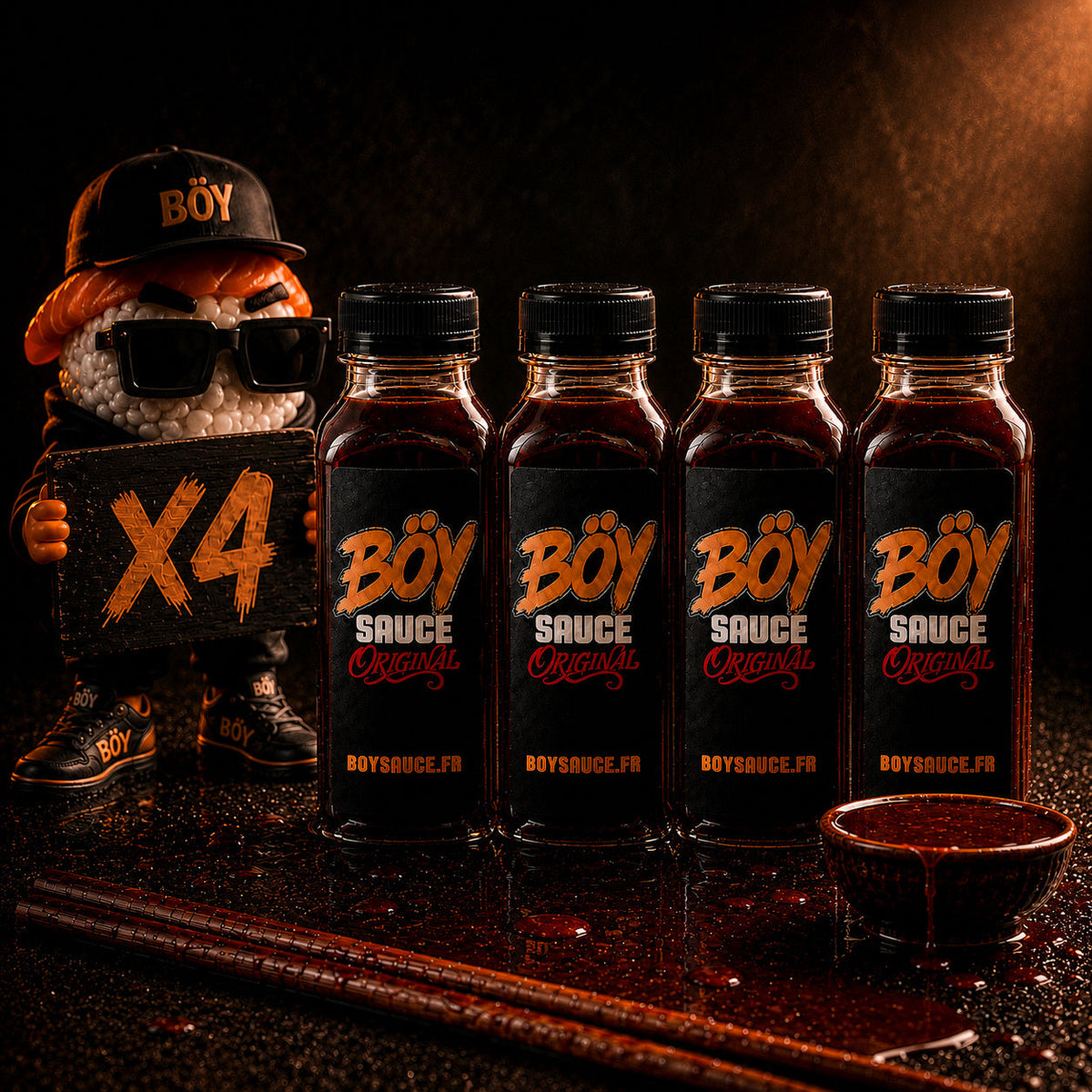 Quatre bouteilles BÖY SAUCE Original 250 ml et la mascotte sushi tenant une pancarte X4