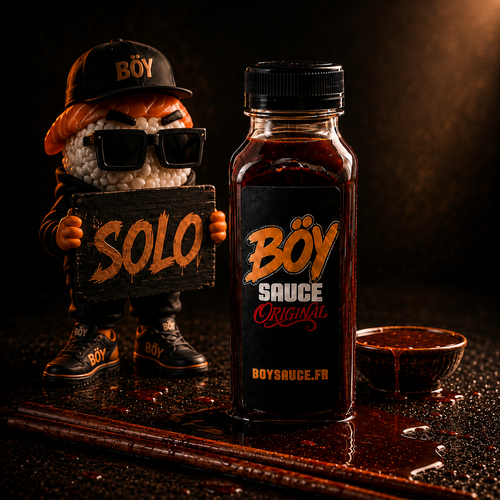 Bouteille BÖY SAUCE Original 250 ml et la mascotte sushi tenant une pancarte SOLO